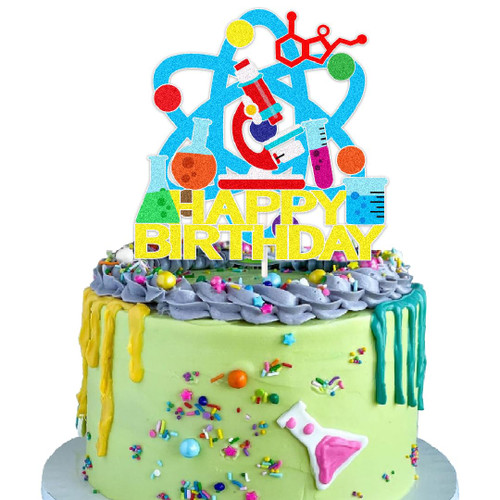 Science Cake Toppers Mad Scientist Chemistry Birthday Decoration with Flasks Beakers Microscopes Test Tubes for Science Themed Birthday Party