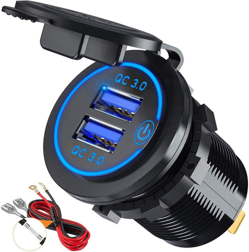 QC3.0 Dual USB Charger Socket Waterproof 36W 12V 24V USB Outlet Fast Charge with Touch Switch & Blue LED for for Car Boat Truck Golf RV Motorcycle
