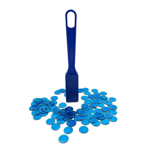 JUNWRROW Magnetic Bingo Wand &Plastic Chips with Metal Rings - 100 Upgraded Pieces Bingo Counting Chips for Large Group Games, Sensory Bins,Counting and Sorting (Blue)