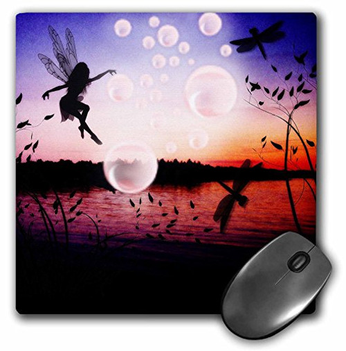 3dRose LLC 8 x 8 x 0.25 Inches Mouse Pad, Fairy with Dragonflies and Bubbles Over Pond (mp_48975_1)