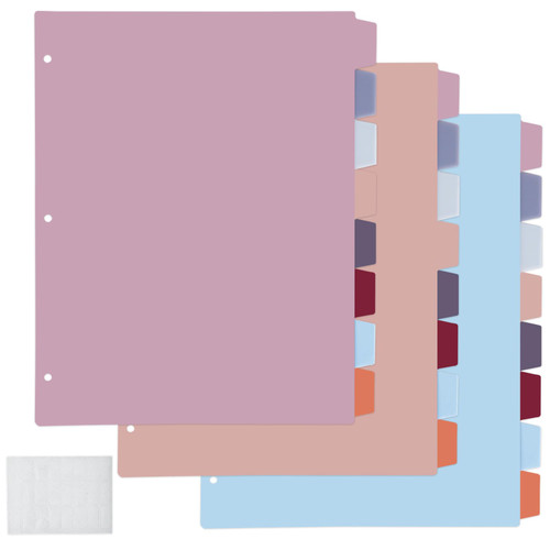 EOOUT 8 Tab Plastic Dividers, Assorted Colors, 8 Tab Index Dividers with 3 Hole Punch, for Notebooks and 3 Ring Binders, Letter Size, Set of 3, 24 Dividers