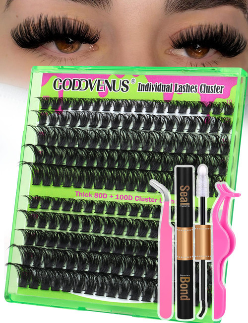 DIY Lash Extensions Kit Fluffy Cluster Eyelash Extensions Thick Eyelashes Extension Kit D Curl Mink Lash Clusters Individual Lashes Kit with Bond and Seal and Lash Applicator for Beginner by Goddvenus