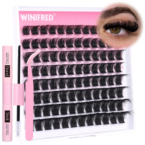 DIY Lash Extension Kit Volume Lashes Extension D Curl Individual Lashes Kit 16mm Thick Cluster Lashes Wispy Eyelash Extension Kit with Lash Bond and Seal 96Pcs Lashes Clusters by Winifred