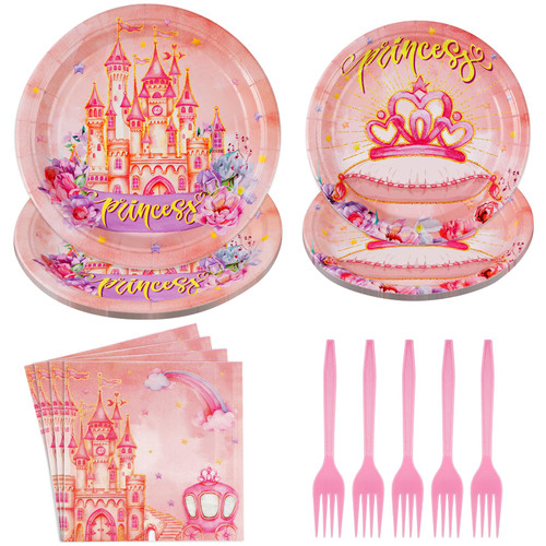 96Pcs Princess Birthday Party Supplies, Princess Plates Napkins Forks, Princess Party Decorations Tableware for Girls Birthday Baby Shower, Serves 24