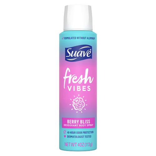 Suave Fresh Vibes Deodorant Body Spray, Aluminum Free 48 Hour Deodorant Protection, Berry Bliss Dermatologist Tested Body Spray Deodorant 4 oz Suave Fresh Vibes Deodorant Body Spray, Aluminum Free 48 Hour Deodorant Protection, Berry Bliss Dermatologist Tested Body Spray Deodorant 4 oz