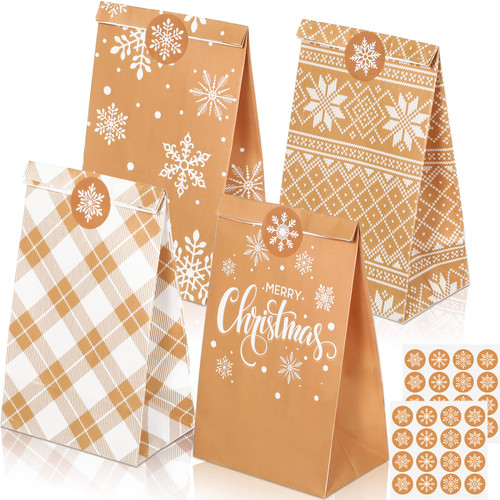 Containlol 24 Pack Christmas Gift Bags Snowflake Kraft Wrapping Goodie Bags Christmas Party Favors Paper Candy Bag and Some Stickers for Winter Holiday Party and Candy Gift Supplies