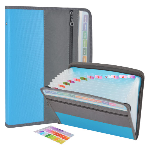 CLOUDIA 13 Pocket Expanding File Folder with Sticky Labels, Accordion File Folder Document Organizer Expanding Zip File Folder with Zipper Closure, Letter A4 Paper Document Accordion Folder (Blue)