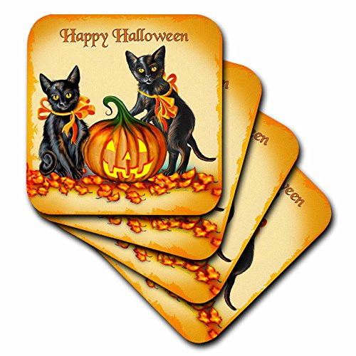 3dRose cst_11651_1 This Design Features a Pair of Frisky Black Kittens and a Glowing Jackolantern on Halloween Soft Coasters, Set of 4
