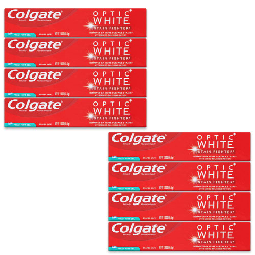 Colgate Optic White Toothpaste, Stain Fighter, Fresh Mint Gel, Travel Size 2.0 oz (56.6g) - Pack of 8