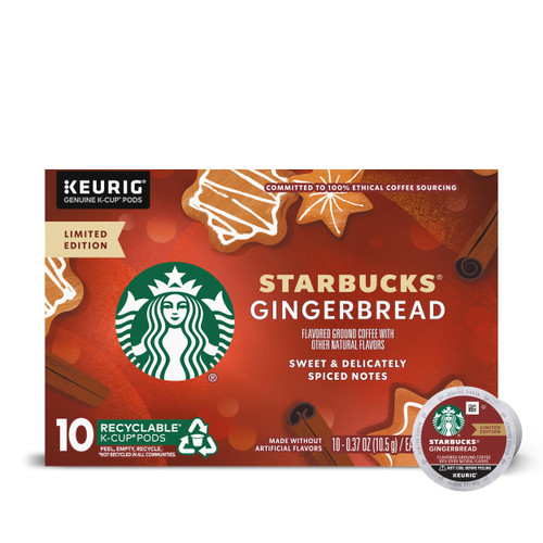 Starbucks K-Cup Coffee Pods, Gingerbread Naturally Flavored Coffee For Keurig Brewers, 100% Arabica, Limited Edition Holiday Coffee, 1 Box (10 Pods)