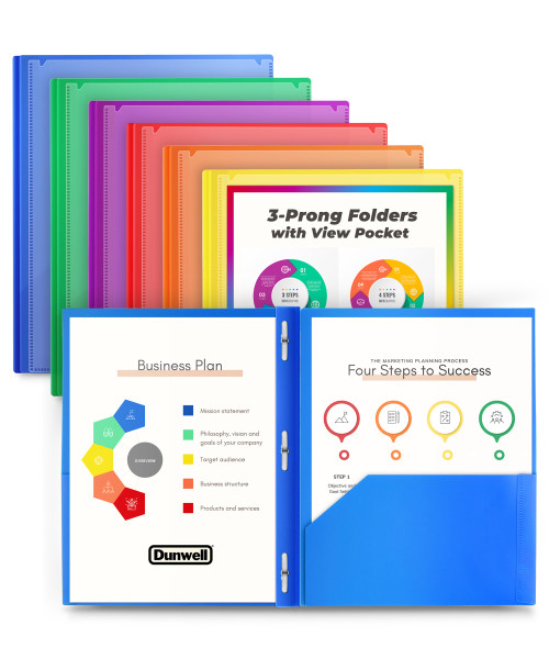 Dunwell 3 Prong Folders with Clear Front Pocket - (6 Vibrant Colors) 2 Pocket Folders with Prongs and Front View Pocket, Plastic Project Folders with Pockets and Prongs, Three Prong Folders, Labels
