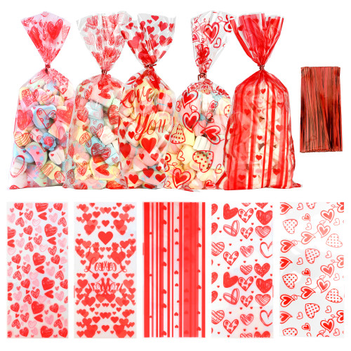 BOEIAC Valentine Treat Bags, 100 Pcs Valentines Cellophane Treat Bags, Valentines Candy Bags, Valentines Cookie Gift Bags with 100 Pcs Twist Ties for Valentines Wedding Party Favor Supplies, 5 Styles BOEIAC Valentine Treat Bags, 100 Pcs Valentines Cellophane Treat Bags, Valentines Candy Bags, Valentines Cookie Gift Bags with 100 Pcs Twist Ties for Valentines Wedding Party Favor Supplies, 5 Styles