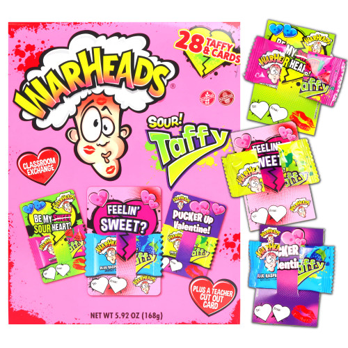 Warheads Valentines Exchange Kit, Sweet and Sour Candy Handouts for Classroom Parties, 28 Count Taffy and Cards, 5.92 Ounces