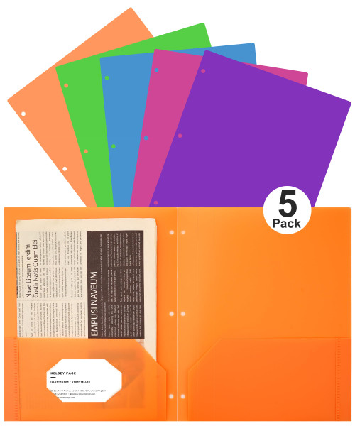 Yoment 5 Pack Folders with Pockets 3 Hole Punched Plastic Pocket Folder Heavy Duty Folders with 2 Pockets Letter Size Pocket Folders for 3 Ring Binder for Office and School,5 Assorted Colors