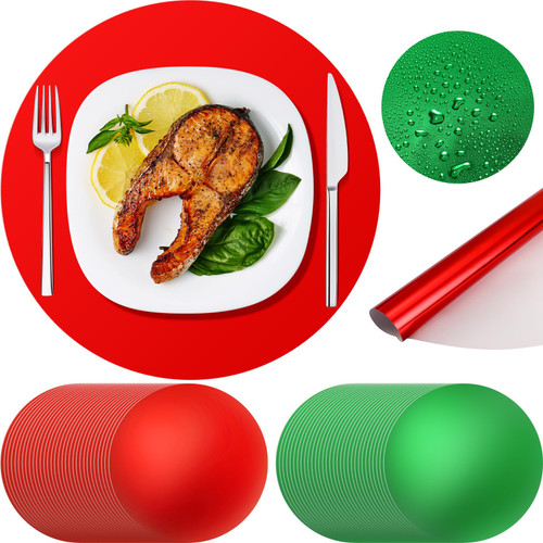 Yeaqee 100 Pieces Paper Placemats Disposable Round Placemats Foil Mirror Placemats Metallic Place Mats for Dinning Wedding Christmas Holiday Party(Red, Green)