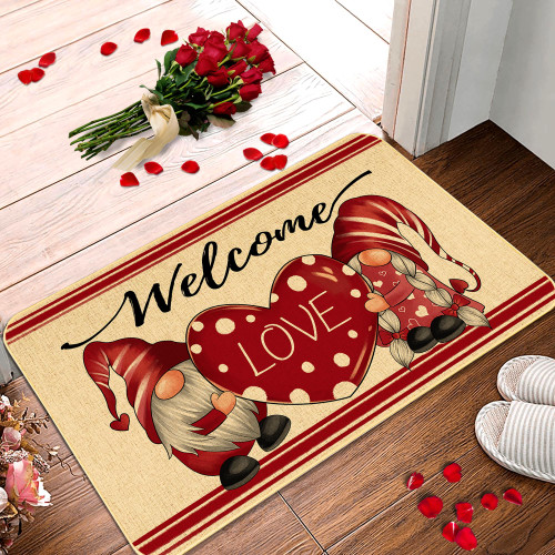 XQWATW Valentines Day Door Mat 17 x 29 Inch, Gnome Love Heart Welcome Decor Doormat Love Heart Decor Rugs Seasonal Non-Slip and Washabl Doormat for Valentine's Day Decoration Indoor Outdoor