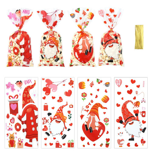 Valentine Cellophane Treat Bags, Valentine Gnomes Cellophane Plastic Candy Cookie Treat Goodies Gift Heart Bags 100pcs and Gold Twist Ties for Valentine's Day Weeding Party Favor Supplies Valentine Cellophane Treat Bags, Valentine Gnomes Cellophane Plastic Candy Cookie Treat Goodies Gift Heart Bags 100pcs and Gold Twist Ties for Valentine's Day Weeding Party Favor Supplies