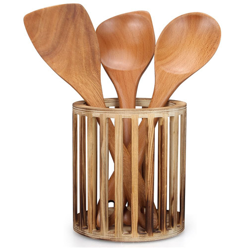 Rustic Wood Utensil Holder Silverware Caddy Wooden Kitchen Utensil Holder Cutlery Holder Vintage Utensil Crock for Countertop Flatware Caddy Cooking Utensil Organizer Spoon Holder