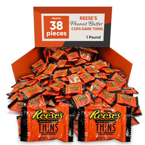 Reeces Dark Peanut Butter Cups Thins Dark Chocolate & Peanut Butter - 1 Pound of Approx 38 Pieces Dark Chocolate Candy - Bulk Candy Individually Wrapped - Snacks reeces peanut butter cups Thins - Perfect for Gifting, Pinata Candy, and Office - Ideal