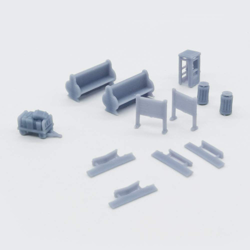 Outland Models Railway Scenery Train Station Accessory Set: Phone Booth, Bench, Trash Bin. 1:160 N Scale