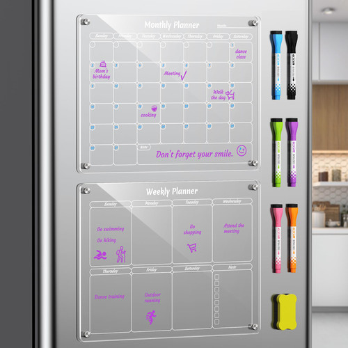 LMAIVE Magnetic Calendar for Fridge, Monthly and Weekly Acrylic Calendar for Fridge, 16"x12" Clear Fridge Calendar Dry Erase Magnetic Board for Refrigerator, Includes 6 Dry Erase Markers with 6 Colors