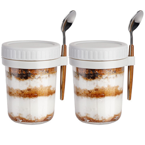 KITCHOP Overnight Oats Containers with Lids and Spoon,Mason Jars,16 Oz Glass Oatmeal Container to Go for Chia Pudding Yogurt Salad Cereal Meal Prep Jars (White(Pack of 2))