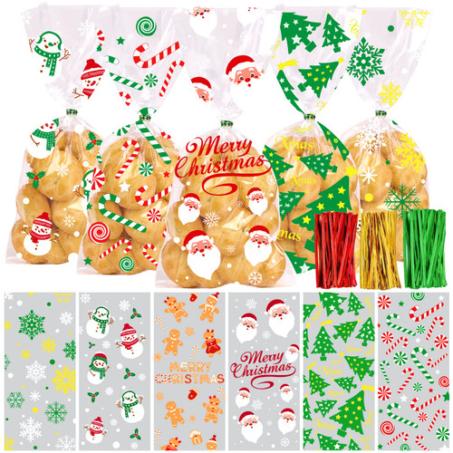 JOICEE 120PCS Christmas Cellophane Candy bags, Xmas Cello Treat Goody Bags with Ties for Christmas Holiday Party Favors JOICEE 120PCS Christmas Cellophane Candy bags, Xmas Cello Treat Goody Bags with Ties for Christmas Holiday Party Favors