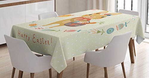 Lunarable Rabbit Tablecloth, Bunny with a Basket in Hand and Bird Inside Floral Banner Happy Easter Print Pastel, Dining Room Kitchen Rectangular Table Cover, 52 W X 70 L inches, Multicolor