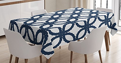 Ambesonne Navy Blue Decor Tablecloth, Geometric Twisted Woven Rope Motifs Artprint with Oriental Ethnic Patterns Design Home, Rectangular Table Cover for Dining Room Kitchen, 60x84 Inches, Dark Blue