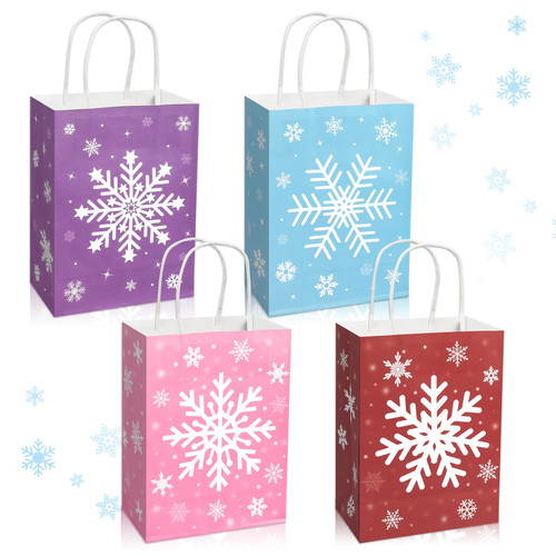 HOWAF 12pcs Hello Winter Party Supplies Snowflake Gift Bags with Handle, Snowflake Treat Bags for Winter Christmas Party Decoration Christmas Snowflake Paper Bags with Handle