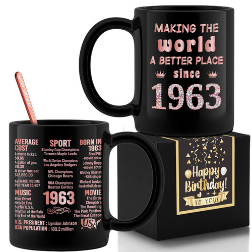 Henghere 60th Birthday Gifts for Men Women, 60th Birthday Present, 60 Year Old Birthday Party Decorations, Vintage - Sixty Birthday Decorations Coffee Mug, Black & Rose Gold 2