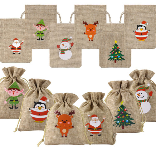 GlyinnHe 36Pcs Christmas Burlap Gift Bags with Drawstring Christmas Linen Treat Bags Drawstring Goody Gift Bags for Candy Wrapper Xmas Party Favor Supplies