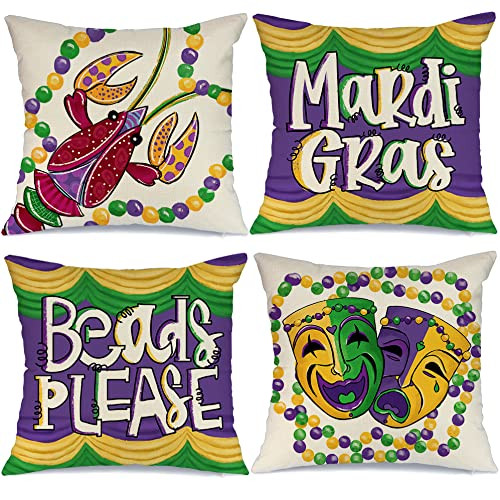GEEORY Mardi Gras Pillow Covers 18x18 Inch Set of 4 for Home Decorations Beads Eye Mask Fleur De Lis Decor Happy Mardi Gras Throw Pillows Decorative Cushion Cases Mardi Gras Decorations