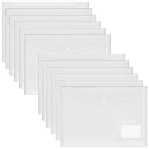 FYY 12PCS Plastic Envelopes, A4 Letter Size Poly Envelopes File Folders, Translucent Document Wallet Pouch with Label Pocket & Snap Closure for School and Office Supplies, Clear
