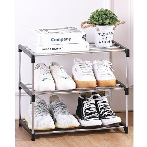 Fxkoolr 3-Tier Small Shoe Rack, Narrow Stackable Shoe Shelf Organizer, Space Saving Storage and Organization for Entryway, Hallway, Doorway and Bedroom Closet (Black)