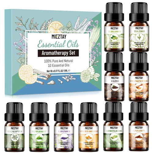 Essential Oils Set - 10x5ML Premium Essential Oil Kit for Candle Making, Diffusers, Massages, Aromatherapy, Skin Care - Lavender, Eucalyptus, Peppermint, Tea Tree, Sandalwood Aromatherapy Oils