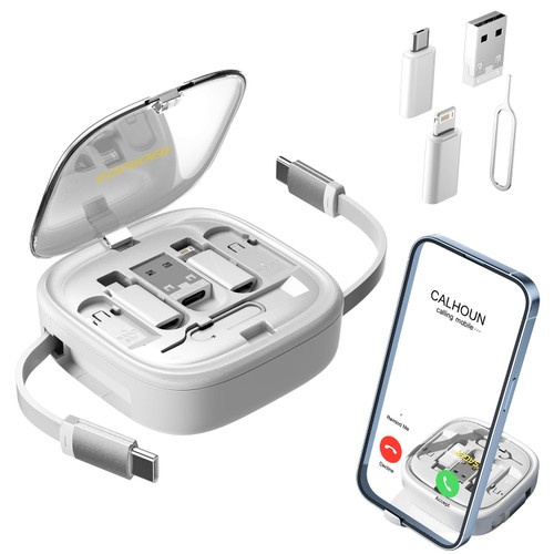 ESSAGER Multi USB Adapter Retractable Charging Cable Kit,USB C to Lighting Adapter,USB-A & Type-C to Type C/Micro/Lighting,Data Transfer,Card Storage Box with Phone Holder,White