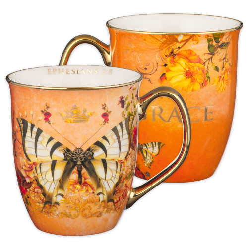 Christian Art Gifts Large, 14 oz Ceramic Butterfly Scripture Coffee & Tea Mug for Women: Grace - Inspirational Bible Verse Novelty Non-toxic Drinkware w/Gold Accents, Orange & White Multicolor Floral