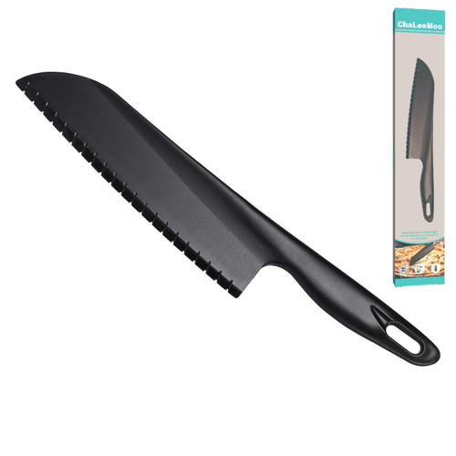 ChaLeeMoo 11" Nylon Knife for Nonstick Pans, Large Plastic Kitchen Knife to Cut Bread, Cake, Brownie Pie Lasagna or Various Veggies and Fruits, Pizza Cutter, Salad or Lettuce Knife, Black
