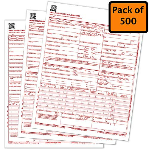 (Pack of 500) CMS 1500 Forms, HCFA 1500 Forms, Health Insurance Claim Form, Medicare Claims for Taxes, CMS 1500 Claim Forms 02/12