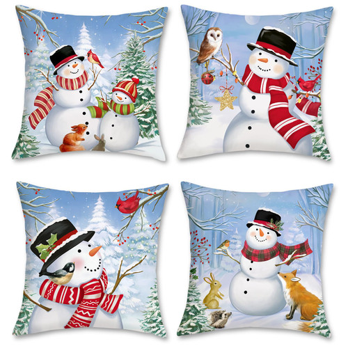 Bonhause Winter Snowman Throw Pillow Covers 18x18 Inch Snowy Pine Tree Winter Holiday Decorative Pillows for Couch Sofa Bed Home Decor Set of 4
