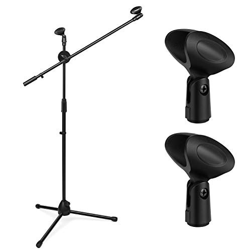 Flexzion Tripod Boom Microphone Stand w/Extending Arm & Dual Mic Holder Clip Adjustable 360-degree Rotating Collapsible Foldable for Blue Snowball Studio Recording Audio Live Stage Streaming