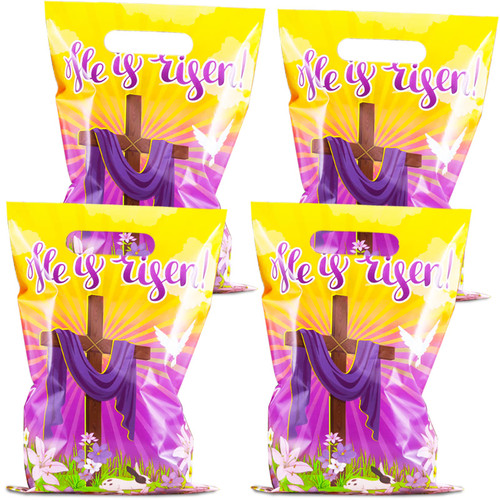 70 Pack Easter He Is Risen Party Plastic Goody Bags Favors with Handle, Religious Treat Bags Resurrection Cross Bible Gift Candy Bags Decorations for Sunday School Easter Day Supplies
