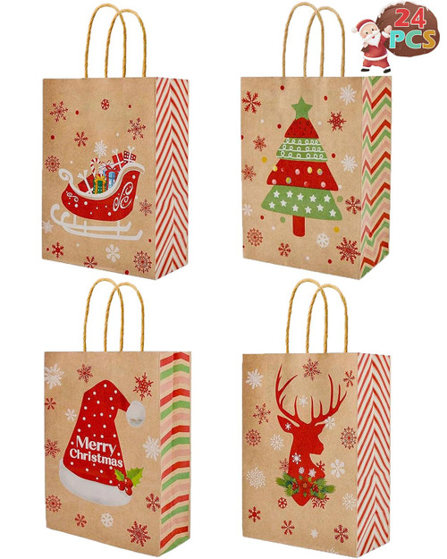 24Pcs Christmas Gift Bags Christmas Kraft Paper Bags, Christmas Goody Bags Small Christmas Gift Bags with Handles Xmas Treat Bags for Holiday Paper Gift Bags Party Gift Bags Party Supplies