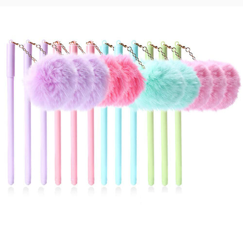 12Pcs/Bulk Funny Cute Pens Kawaii Plush Ball Pom Top Pendant Cool Novelty Gel Pen, Aesthetic Stationery Rollerball Back to School Office Journaling Supplies Women Girls Kids Boy Wedding Party Favors