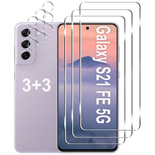 [3+3 Pack]Galaxy S21 FE 5G Screen Protector + Camera Lens Protector, HD Tempered Glass Film, 9H Hardness, Scratch Resistant, Easy Installation, Bubble Free, Screen Protector for Samsung Galaxy S21 FE