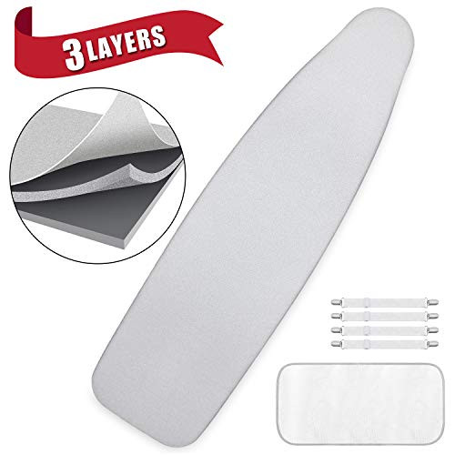 Ironing Board Cover Pad,BQYPOWER Silicone Coated 3 Layer Heat Resists Scorching & Staining Ironing Boards Protector with Elasticized Edges,4 Fasteners and 1 Large Protective Scorch Mesh Cloth(15"x54")