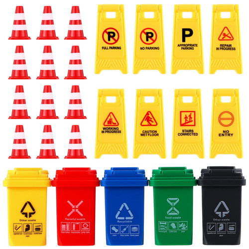 Toyvian 25Pcs Traffic Road Signs Playset Street Signs, Road Warning Signs Traffic Lights Mini Traffic Cones Trash Cans Model Toys for Kids Playing