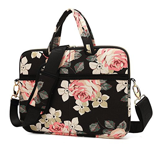 KAYOND Black Rose Patten water-resistant Laptop Shoulder Messenger Bag Case Sleeve for 14 Inch 14.1 Inch Laptop