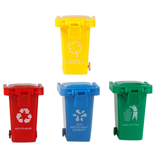 GANAZONO 4Pcs Toy Garbage Cans Mini Pathway Trash Cans Toy Curbside Garbage Trash Bin Pen Holder and Unique Tiny Size Recycle Can Set Pencil Cup Desktop Organizer Garbage Truck Party Supplies